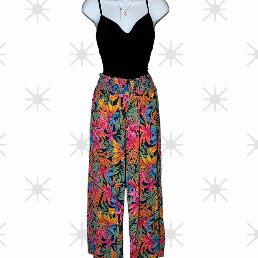 Tropical Floral Wide Leg Palazzo Pants Size Medium Resort Wear Vivid Eclectic